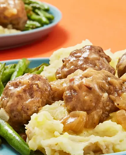 Gravy Lovers Meatballs with Green Beans and Garlic Mashed Potatoes