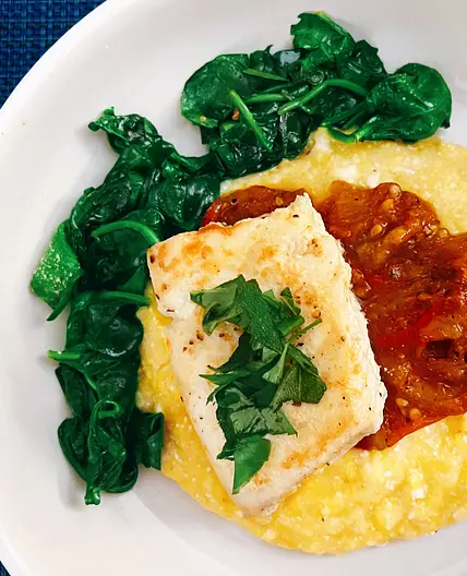 Halibut with Jammy Tomato and Ricotta Polenta