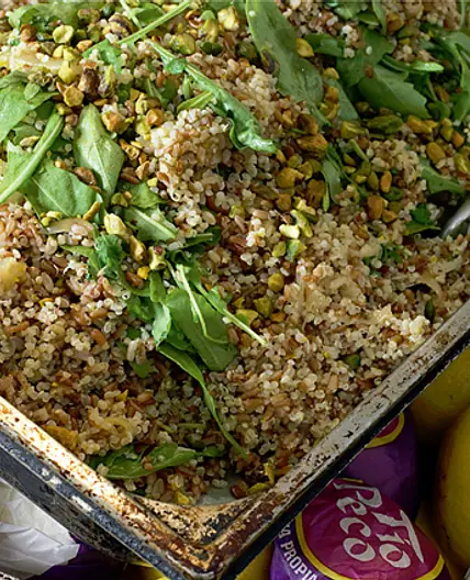 Camargue red rice and quinoa with orange and pistachios