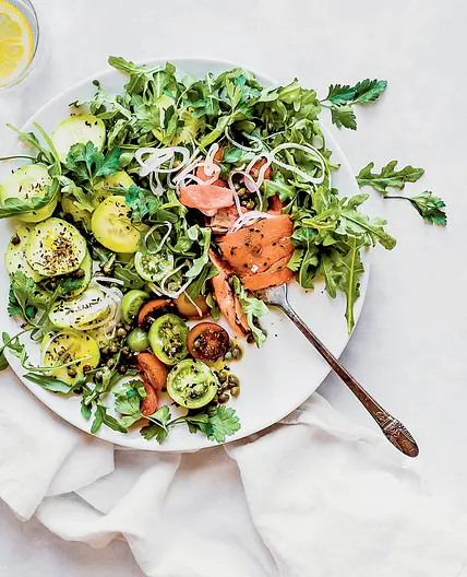 breakfast salad with lox and herbs