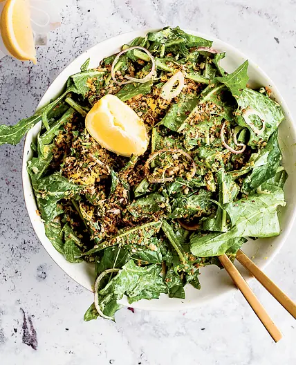 dandelion green salad with lemon-caraway bread crumbs and herb dressing