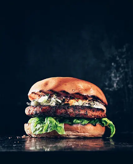 COURGETTE AND MUNG BEAN BURGER with Sriracha mayonnaise and furikake