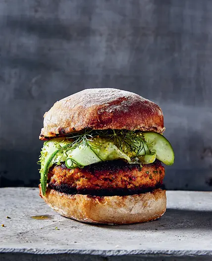 CHICKPEA AND GRILLED PEPPER BURGER WITH DILL-DUNKED CUCUMBER SALAD