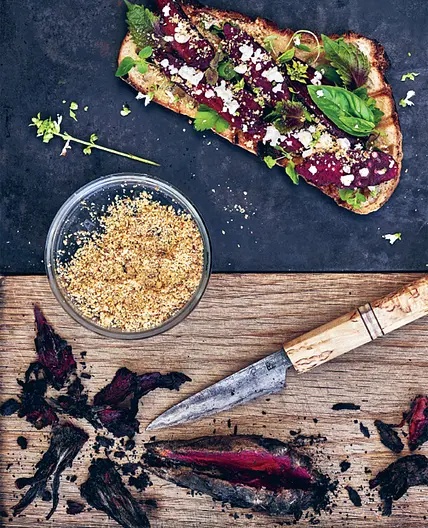 CHARCOAL-ROASTED RED BEETROOT with feta and dukkah