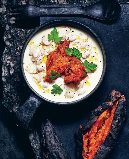 CHARCOAL-ROASTED SWEET POTATO with creamed white beans