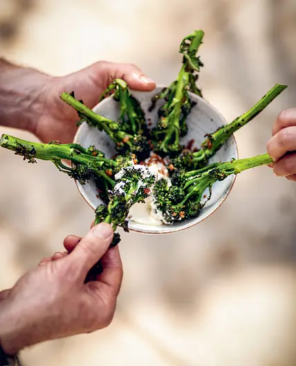 BARBECUED BROCCOLI WITH HONEY AND BLUE CHEESE DRESSING