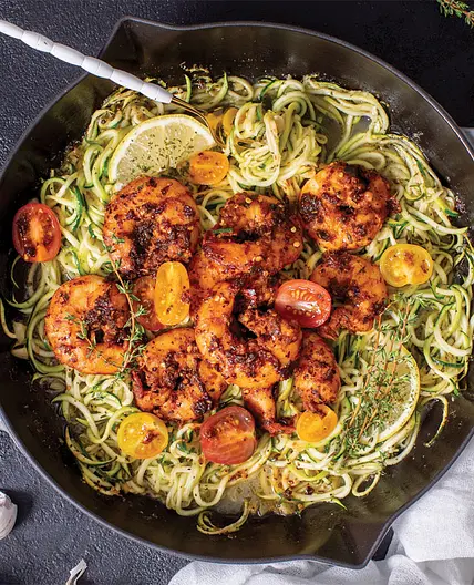 Cajun Shrimp
WITH GARLIC BUTTER ZUCCHINI NOODLES & TOMATOES