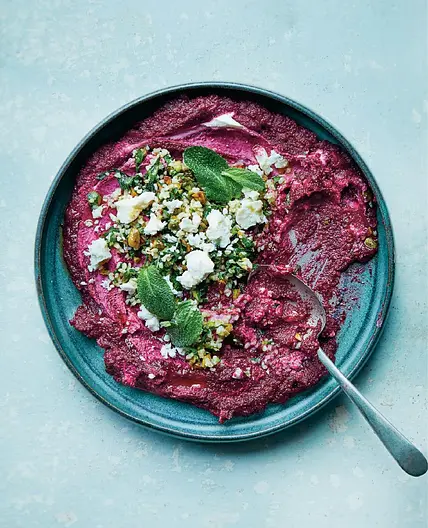 Beet and sweet potato dip with pistachio bulgur
sauce