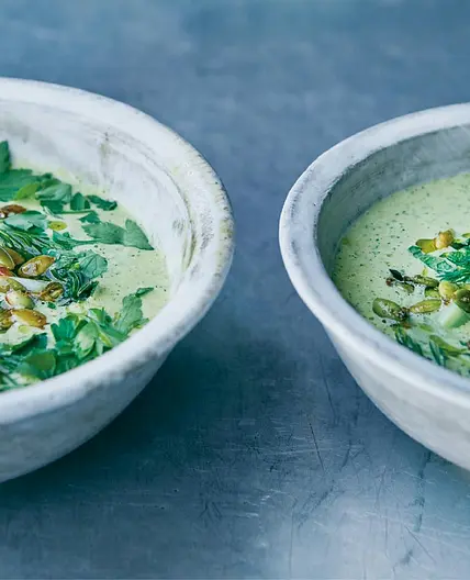 Chilled cucumber and tahini soup with spicy
pumpkin seeds