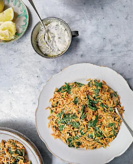 Spinach and toasted orzo with dill and chile yogurt
