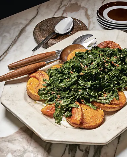 15-Minute Roasted Squash with Spicy Greens and Yogurt