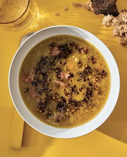 Split Pea Soup and Mustard-Chile Sizzle