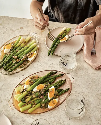 Asparagus with Jammy Egg and Pickle Dressing