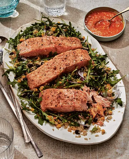 salmon quinoa salad with carrot-ginger-miso dressing
