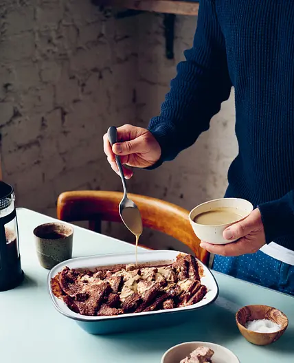Bitter chocolate and halva bread and butter pudding