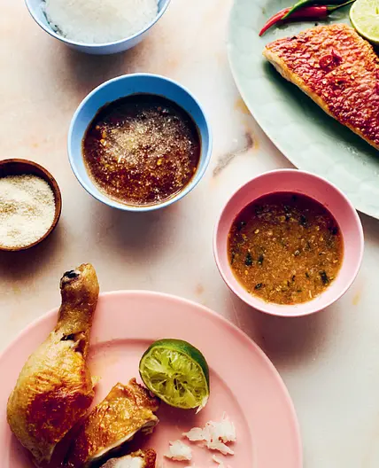 Thai-style dipping sauces with sticky rice