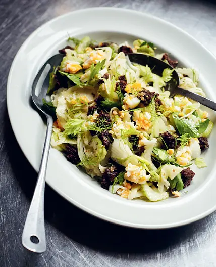 Celery, fennel and egg salad with rye croutons