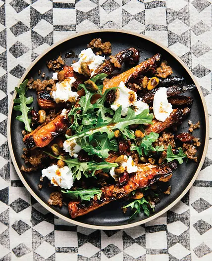 roasted carrots w/crisped bulgur, pistachios, goat cheese, pickled cherries + arugula