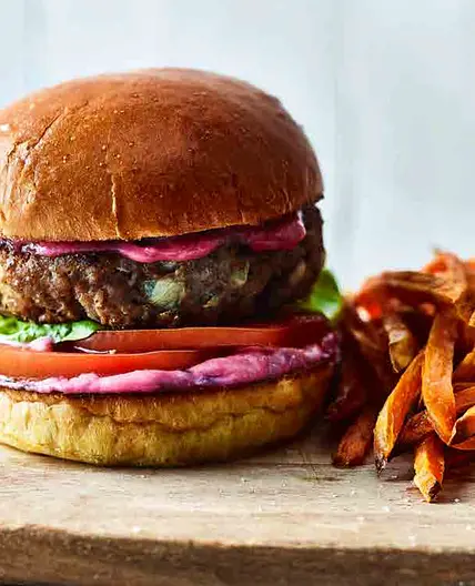 Turkey, sage and onion burger with sweet potato fries