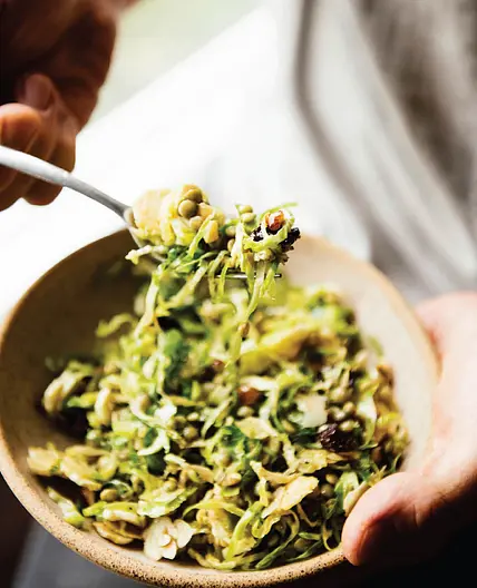 sprouted lentils w/shaved brussels, parmesan + hazelnut rig + 2  variations