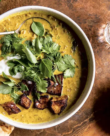 spiced lentil soup with curried acorn squash