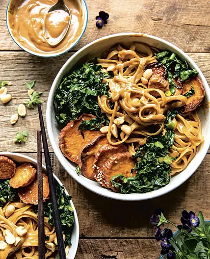 saucy garlic peanut noodles with sesame sweet potatoes