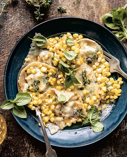 easy ricotta ravioli with lemon herb corn