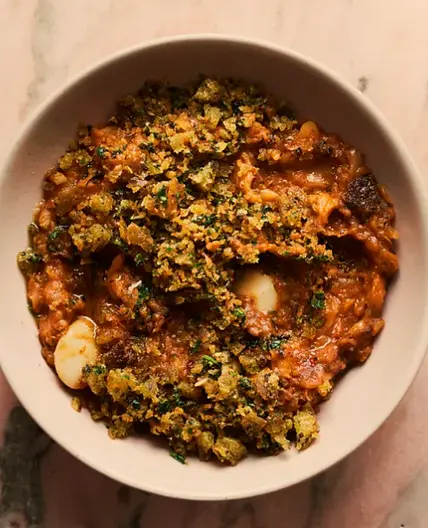 Butter Beans with Harissa, Preserved Lemon, and Gremolata Breadcrumbs