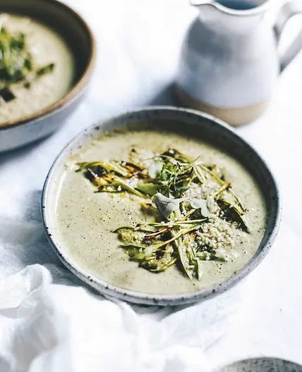BROCCOLI + TAHINI SOUP WITH BROCCOLI STEM RIBBONS