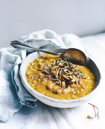 CURRIED SWEET POTATO + YELLOW SPLIT PEA STEW WITH CRISPY SHALLOTS