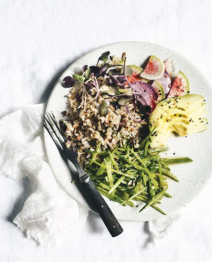 WILD RICE SALAD WITH SNAP PEAS + AVOCADO + RADISH + SESAME GINGER DRESSING