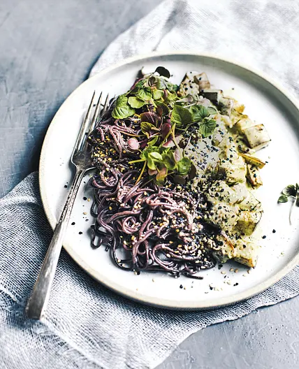 ROASTED EGGPLANT SALAD WITH RICE NOODLES + GREEN HERB TAHINI