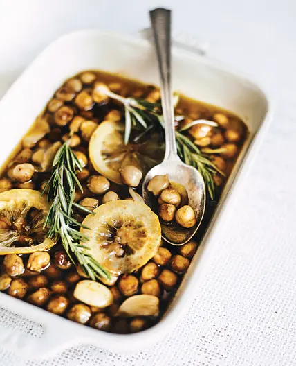 OLIVE OIL BAKED CHICKPEAS WITH LEMON + GARLIC + SHALLOTS