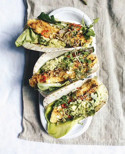 ALMOND-CRUSTED FISH TACOS WITH QUICK PICKLED CHILIES + AVOCADO MASH