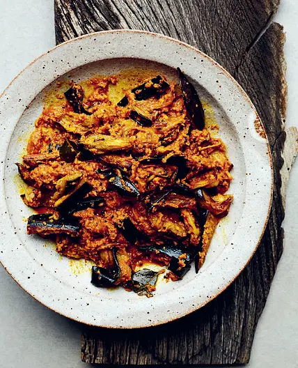 ANDHRA VANKAYA PULUSU  Andhra Aubergine, Coconut & Tamarind Stew
