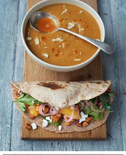 COSY SQUASH SOUP  CHICKPEA SALAD FLATBREADS