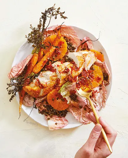 roasted chicken and carrots with lentils and chili crisp