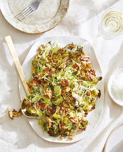 raw and roasted caesar brussels sprouts