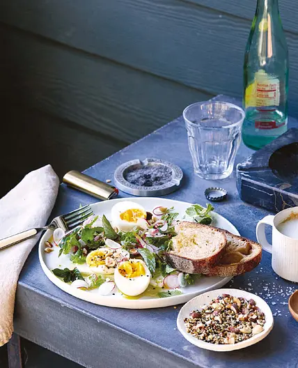 shaved radish breakfast salad with jammy eggs and dukkah