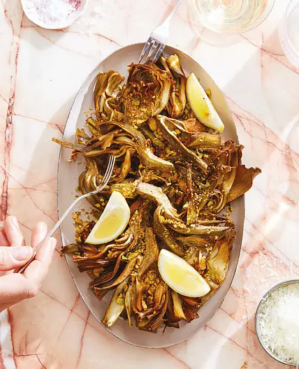 fried artichokes with lemon and pistachios