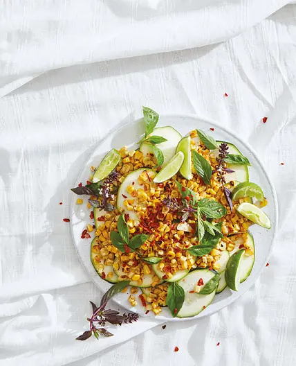 raw zucchini, corn, chile, lime, mint, and more lime