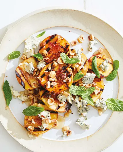 grilled nectarines with gorgonzola, honey, and hazelnuts