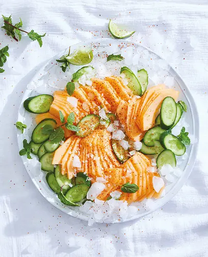 cantaloupe, cucumbers, lime, and mint