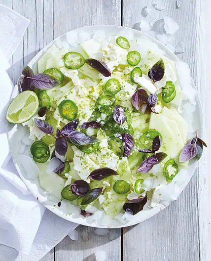 honeydew, feta, jalapeños, and lime