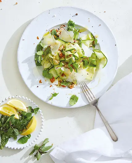 zucchini ribbons with pecorino, mint, and almonds