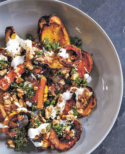 Roasted Squash with Yogurt, Walnuts, and Spiced Green Sauce