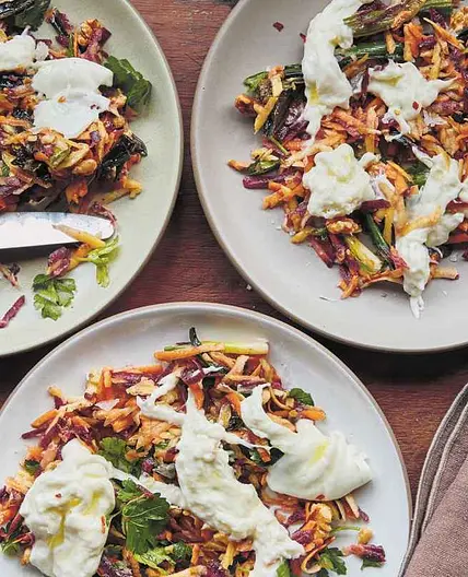 Grated Carrot Salad with Grilled Scallions, Walnuts, and Burrata