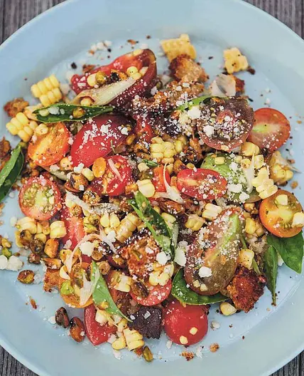 Corn and Tomato Salad with Torn Croutons