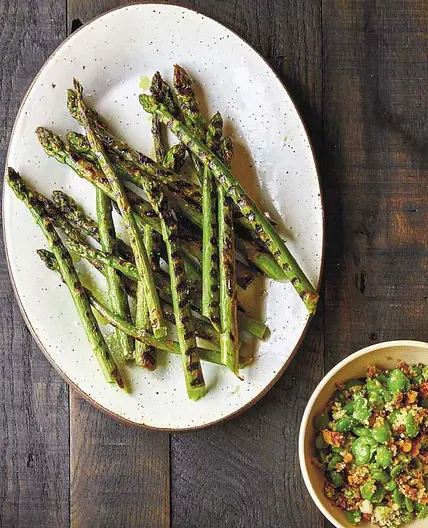 Grilled Asparagus with Fava Beans and Walnuts