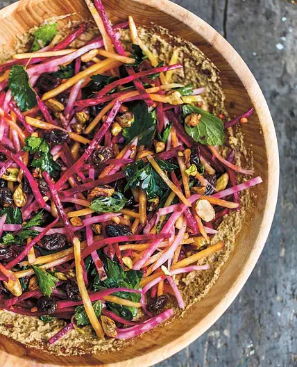 Beet Slaw with Pistachios and Raisins